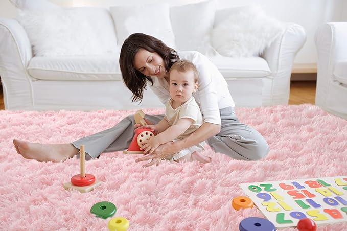 Pink Area Rug for Bedroom 6x9: Pink Rugs for Girls Room - Soft Fuzzy Plush Rugs for Living Room, Non-Slip Modern Nursery Faux Fur Carpet for Kids Room Dorm Decor
