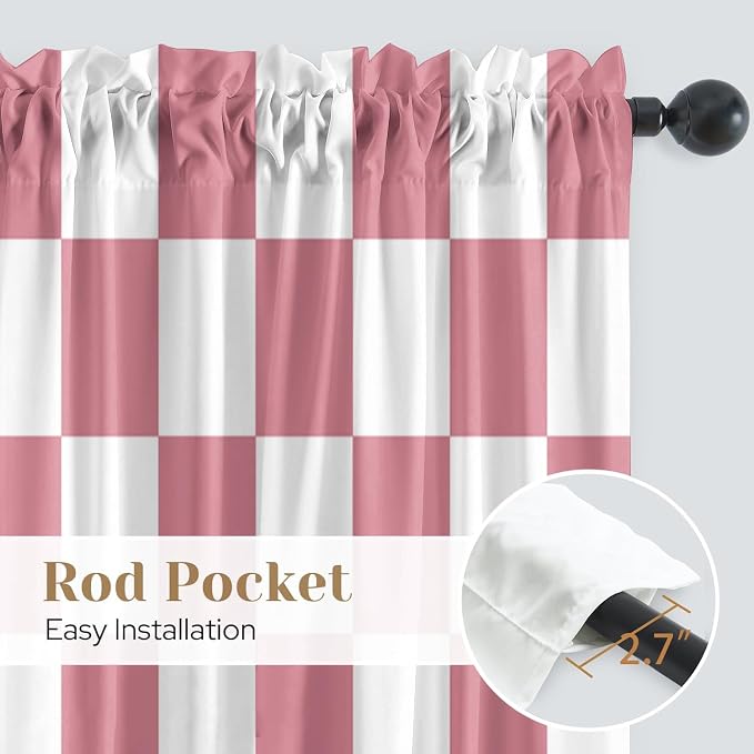 Pink Checkered Curtains for Bedroom,Rod Pocket Pink and White Semi Sheer Curtains Farmhouse Retro Checkerboard Light Filtering Drapes for Living Room,Set of 2 Window Curtain Panels,52 x 84 Inch