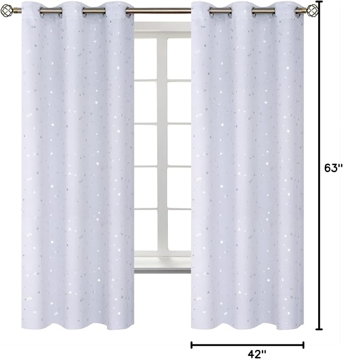 BGment Kids Room Curtains for Bedroom - Grommet Thermal Insulated Silver Star Print Room Darkening Curtains for Living Room, Set of 2 Panels, 42 x 63 Inch, Greyish White