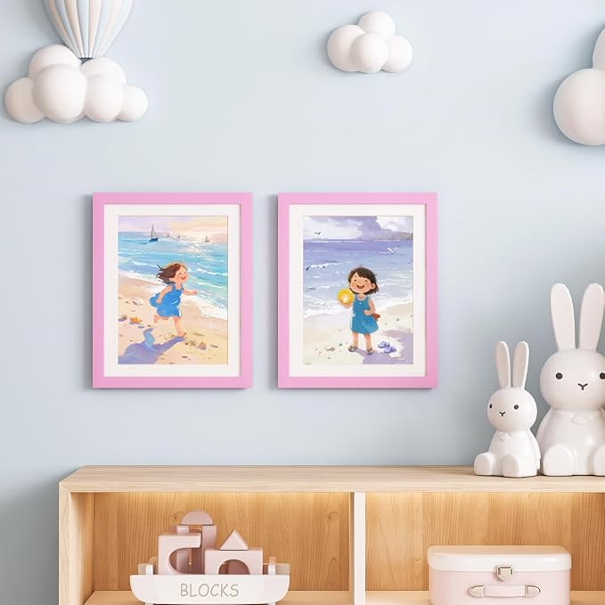 KINLINK 10x12.5 Kids Art Frame 2 Pack, Solid Wood Artwork Frames Changeable, Front Opening Hold 150 Pictures, Art Frames for Kids Artwork, 8.5x11 with Mat 10x12.5 without Mat, Picture Frames Light Pink