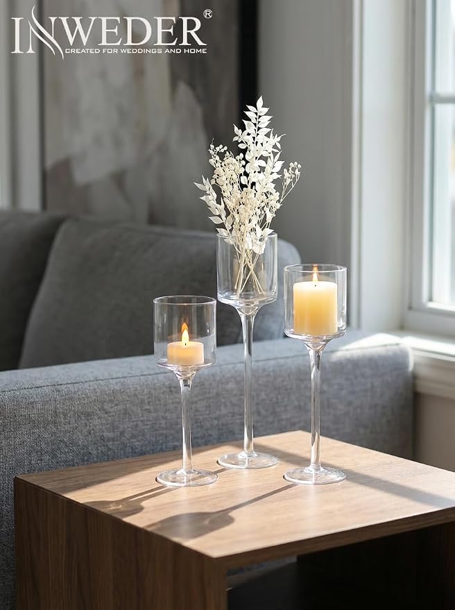 Glass Candle Holder for Table Centerpiece - Inweder Tall Tea Lights Candle Holder, Elegant Clear Long Stem Candle Holders for Pillar Candles, Floating Candle Holder for Party, Home Decor, Set of 18