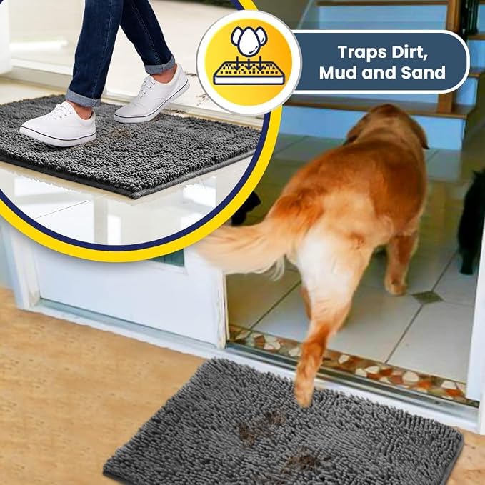Muddy Mat® | Super Water Absorbent Door Mat Indoor, Microfiber Quick Dry Chenille Entryway Rug, Slip Resistant Front Door Mat, Indoor Mats for Entryway, Machine Washable Pet Rug, Grey 32" x 70"