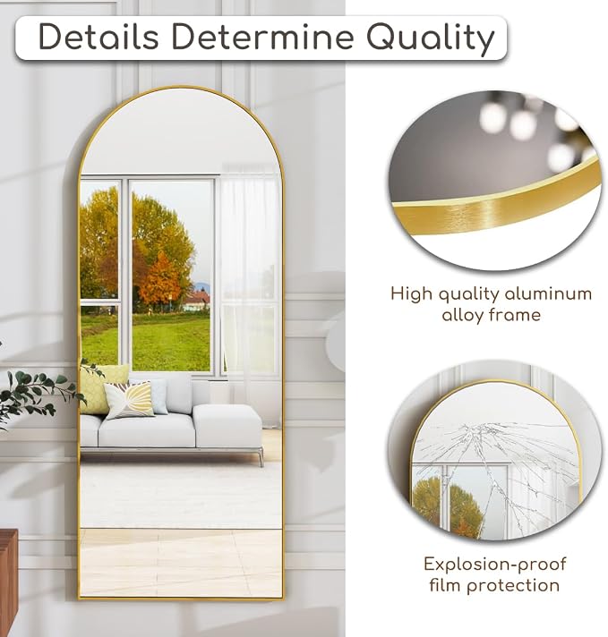 Prywot Arched Full Length Mirror, 64"x21" Free Standing Floor Mirror, Modern Full Body Mirrors with Stand, Wall Mirrors with Aluminum Alloy Frame for Bedroom,Living Room, Gold