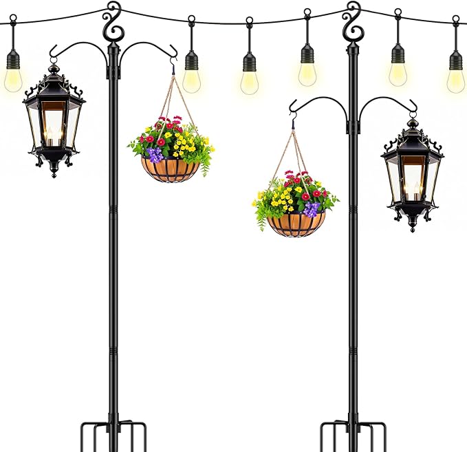 10 Ft Height 1 Inch Diameter String Light Poles StringLight Stand with Hooks Metal Poles for Outside Patio Yard Garden Backyard (10Ft Pole with Hooks, 2)