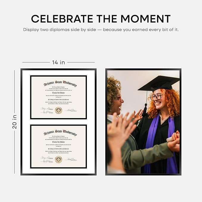 Homeforia 14x20 Double Diploma Frame Black, High End Metal 14 x 20 Certificate Frames with Mat for Two 8.5 by 11 Diplomas, 20x14 Dual Award Graduation Matted Frames, Tempered Glass, Wall Kit, Set of 2