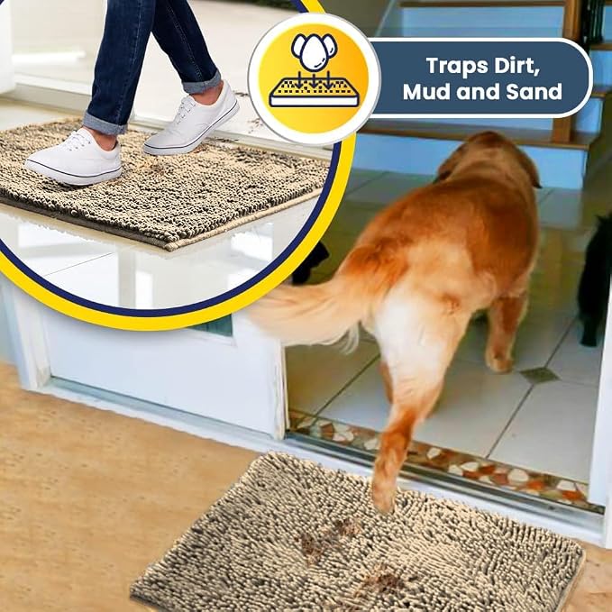 Muddy Mat® | Super Water Absorbent Door Mat Indoor, Microfiber Quick Dry Chenille Entryway Rug, Slip Resistant Front Door Mat, Indoor Mats for Entryway, Machine Washable Pet Rug, Beige 20" x 33"