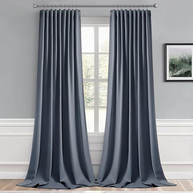 MIULEE Stone Blue Back Tab Blackout Curtain 96 Inch Long 2 Panels Set for Bedroom, Rod Pocket/Pinch Pleat Thermal Insulated Living Room Darkening Pleated Light Blocking Floor to Ceiling Drape