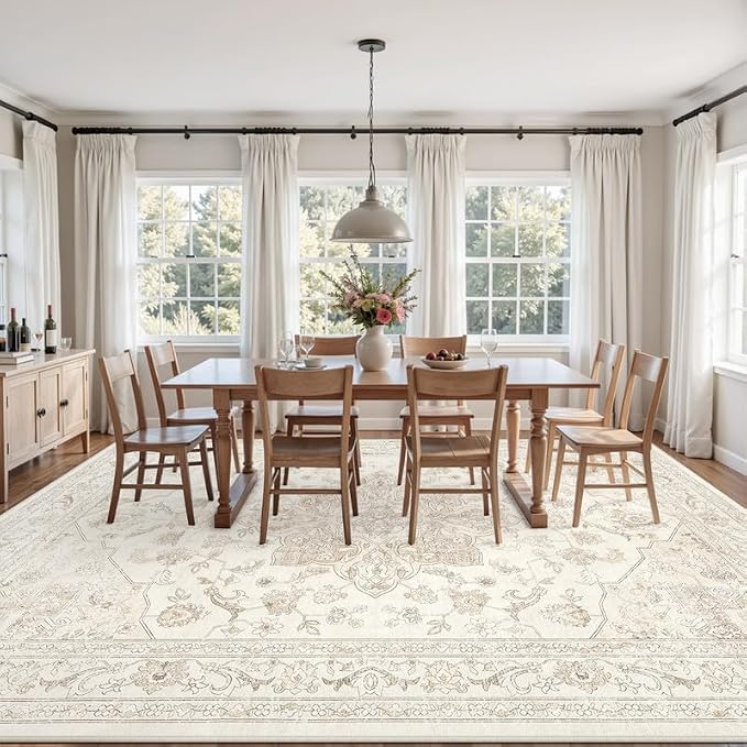 3x5 Area Rugs for Living Room: Vintage Boho Neutral Washable Rug Indoor Soft Large Area Rug Carpet for Bedroom Nursery Farmhouse Dining Room Office Floor Non-Slip Low Pile Under Table Rug Beige White