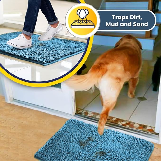 Muddy Mat® | Super Water Absorbent Door Mat Indoor, Microfiber Quick Dry Chenille Entryway Rug, Slip Resistant Front Door Mat, Indoor Mats for Entryway, Machine Washable Pet Rug, Sky Blue 20" x 30"