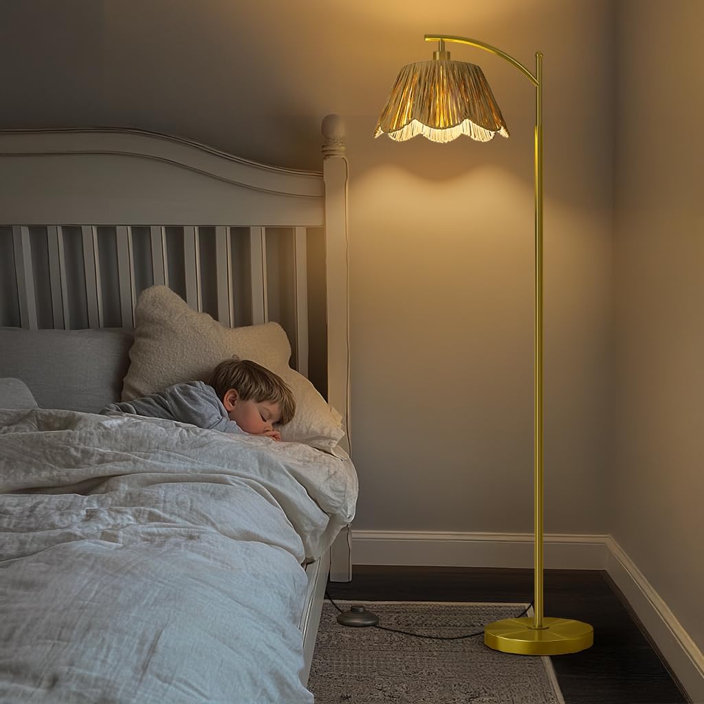 Oneach Arc Floor Lamp for Living Room,Rattan Boho Floor Lamp with Hand-Woven Wicker Shade, Foot Switch,Gold Metal Base & Pole,Farmhouse Standing Lamp for Bedroom Corner,Reading