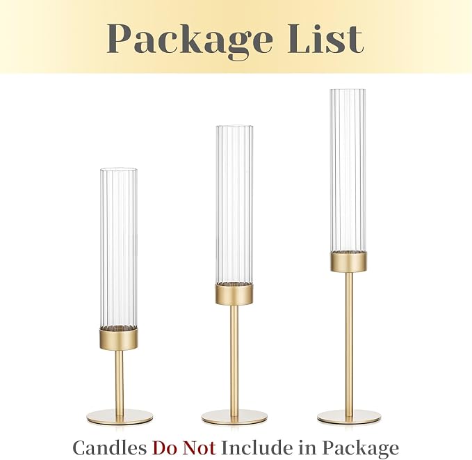 Hewory Gold Hurricane Candle Holder: 3PCS Candlestick Holders for Decor | Ribbed Glass, Brass Taper Candle Holders at 3 different heights, for Table Centerpiece Wedding Party Christmas Decorations