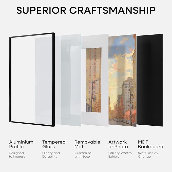Homeforia 14x17 Picture Frame Black, High End Metal 14 x 17 Poster Frames with Mat 11 x 14 for Photo, 14x17 Black Frame Matted to 11x14 inch Print, 17x14 Thin Frame, Tempered Glass, Wall Kit, Set of 2