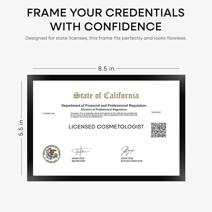 Homeforia 5.5 x 8.5 Business License Frame Black, High End Metal 5.5x8.5 Certificate Frames, 8.5x5.5 Document Frames for Wall or Tabletop, 5.5 by 8.5 Picture Frames, Tempered Glass, Wall Kit, Set of 3