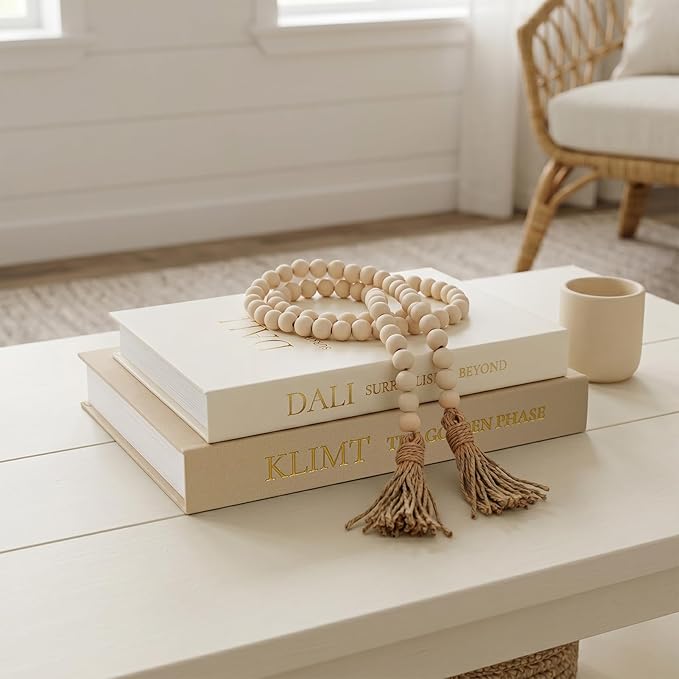 3-Piece Decorative Books for Home Decor with Wood Bead Garland - Stackable Linen Faux Book Box for Coffee Table Styling, Real Fabric Cover Fake Books with Tassel as Display Riser for Shelf