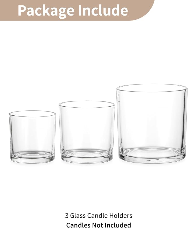 NUPTIO Thick Glass Hurricane Pillar Candle Holders, Set of 3 | Heavy Clear Walls, Wide Low-Profile Cylinders for Easy Use, 3 Graduated Sizes, for Dining Table Centerpiece or Flower Display