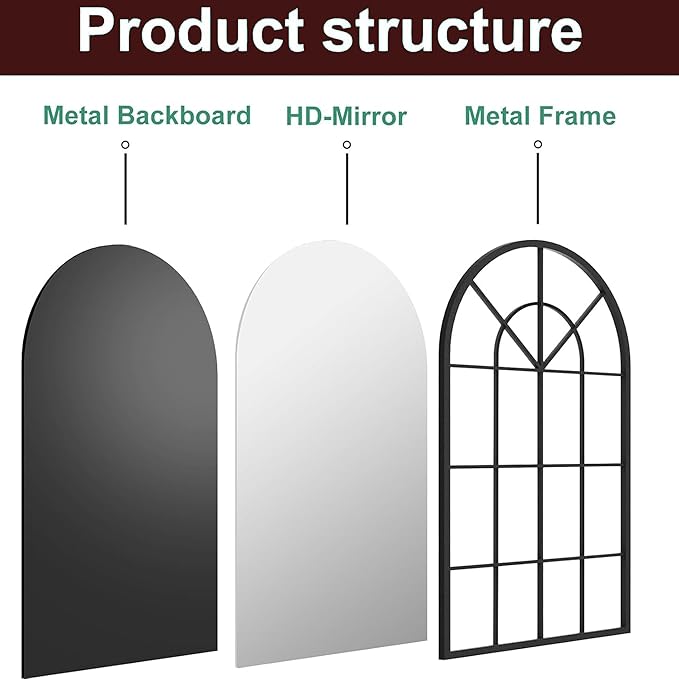 Dewfig Arch Wall Mirror Mounted Decorative, 30"x20", Arched Window Pane Mirror for Wall-Mounted for Entryway, Bathroom Vanity, Living Room or Bedroom, Iron Frame, Black