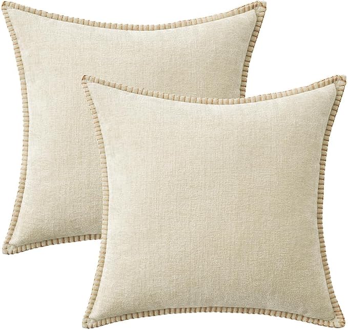 MIULEE Pack of 2 Pillow Covers 16x16 Inch Cream White Farmhouse Decorative Throw Pillow Covers with Stitched Edge Soft Chenille Solid Dyed Couch Pillow Covers for Sofa Bed Living Room