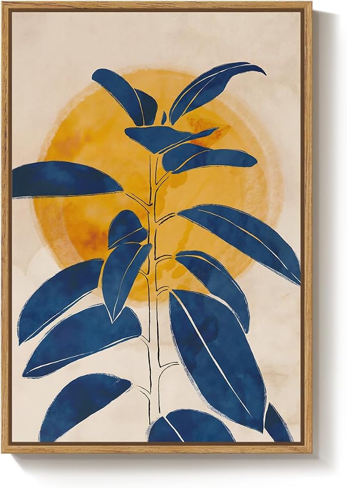 Framed Abstract Boho Blue Yellow Wall Art for Living Room, Mid Century Modern Sun and Leaf Canvas Artwork for Walls, Vertical Paintings Prints Pictures Wall Decor for Bedroom Kitchen Home, 24x36 Inch