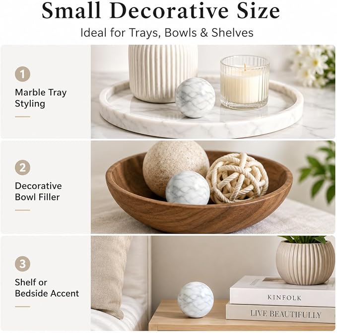 White Marble Decorative Sphere, 6cm Natural Stone Orb | 2.36 in Small Stone Bowl Filler Balls for Tray Styling, Shelf and Coffee Table Decor