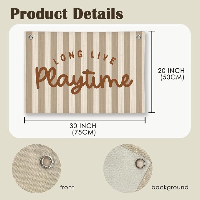 Play Decor, Long Live Playtime Wall Hanging Linen Banner, Brown Striped Wall Flag for Play Room Playroom Decor, 20x30 Inch-Brown