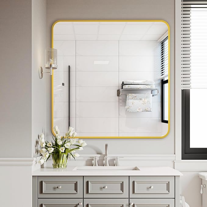 Delma Bathroom Vanity Mirror, Black Framed Bathroom Mirror for Over Sink, High-Definition Bathroom Mirror, Versatile Bathroom Vanity Mirror, Hangs Horizontally or Vertically(30x30, Gold)