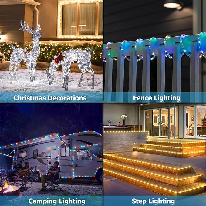 50ft Outdoor LED Rope Lights, IP68 Waterproof 25 Color Changing String Lights, Red White Blue for 4th of July Patriotic Decorations, Warm White & RGB Twinkle Fairy Light for Christmas Indoor Outside