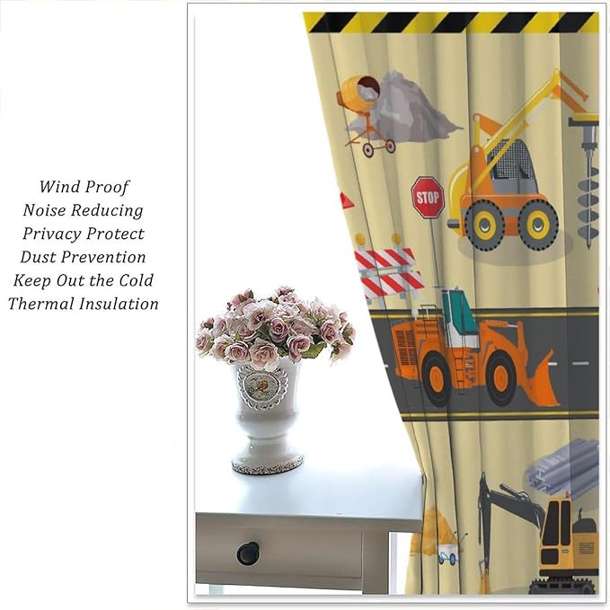 Excavator Truck Blackout Curtain,Kids Boys Cartoon Car Construction Equipment Vehicles Curtains for Dining Room Living Room Kitchen Cafe Bedroom Office Drapes,42x54 in
