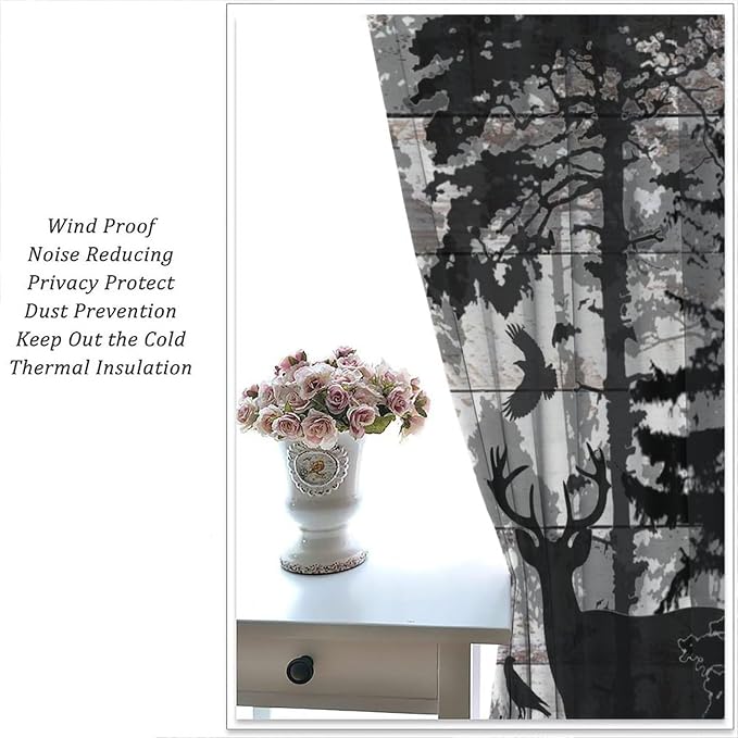 Rustic Deer Blackout Curtains for Kitchen Farmhouse Cabin Country Wild Animal Vintage Wooden Board Forest Printed Window Treatments for Farmhouse Bedroom Living Room 42x45in