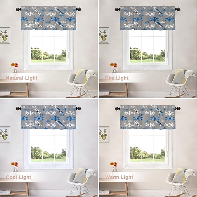 Shrahala Snowflakes Skis Blackout Short Curtains for Windows, Winter Sports Themed Pattern Kitchen Valance Thermal Insulated Rod Pocket Window Treatment for Bathroom 52 X 18 in