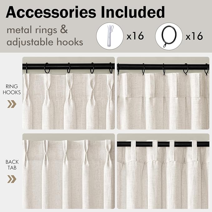 MIULEE Pinch Pleated Thick Linen Curtains 108 Inches Length 2 Panels for Living Room Bedroom, Extra Long Pinch Pleat Drapes Back Tab Light Filtering Natural Foor to Ceiling Curtains with Hooks&Rings