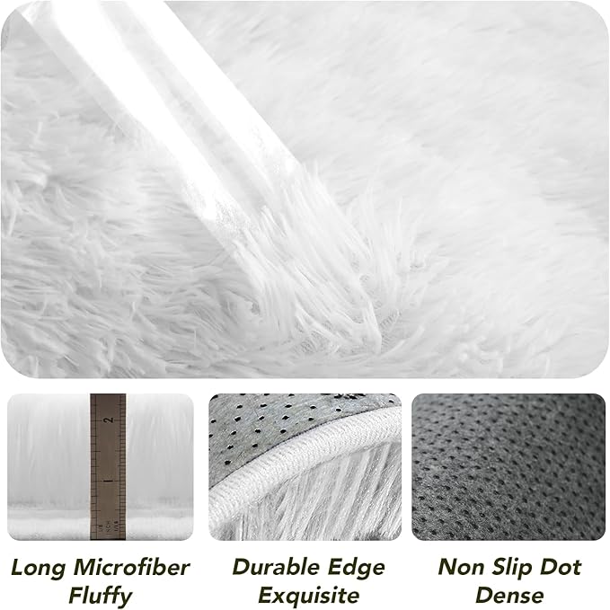 Round Fluffy White Rug 4x4ft: Ultra Soft Furry Girls Bedroom Carpet- Oval Plush Rug for Girls Room & Kids Room, Nursery (4ft, White)