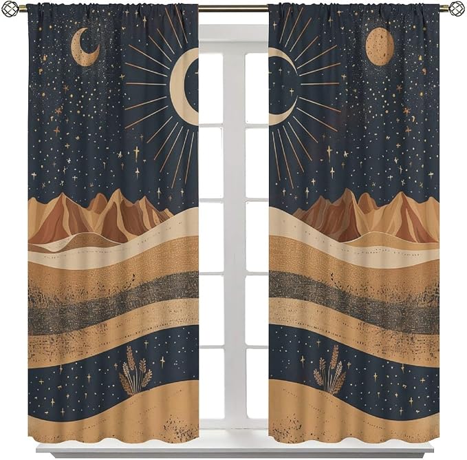 Sun Moon Blackout Curtains, Abstract Mid Century Desert Mountains Sun Moon Boho Landscape Window Drapes, for Bedroom Living Room 72" W X 63" L