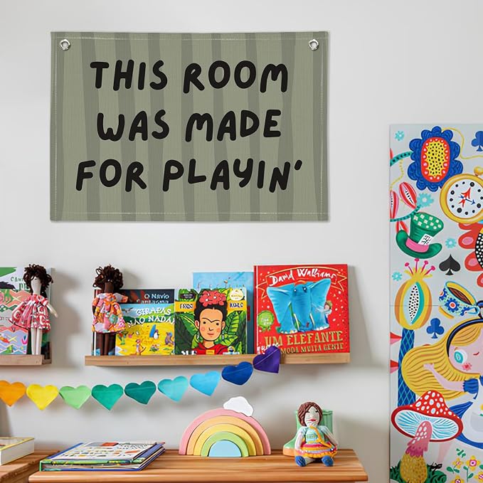 Playroom Decor Wall Banner "This Room Was Made For Playin'" 20x30 Inch - Nursery Canvas Art, Kids Bedroom Hanging, Linen Toddler Play Area Sign, Children's Canvas Flag Decor - Green