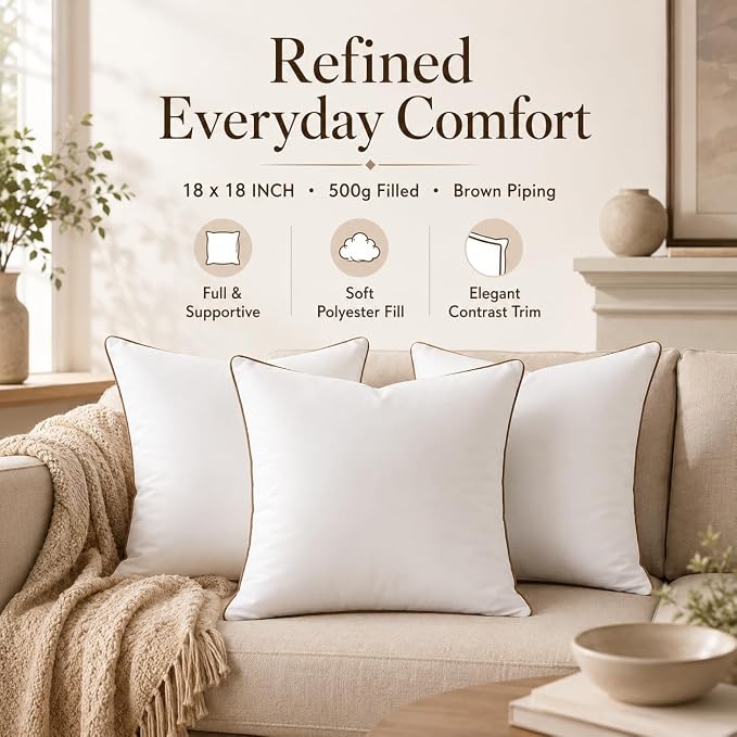 18 x 18 Inch Throw Pillow Inserts Set of 6 – Square White Cushion Forms with Brown Piping, 500g Filled for Decorative Pillow Covers