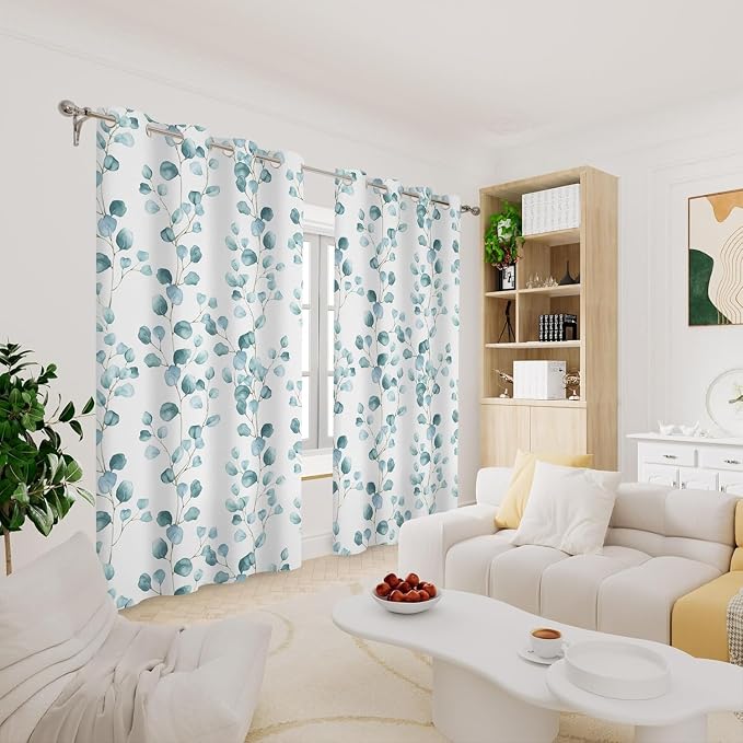 Renaiss Eucalyptus Leaf Curtains Green Eucalyptus Print Blackout Window Drapes for Bedroom Botanical Grommet Top Thermal Insulated Window Curtains for Living Room 53W x 63L 2 Panel Set