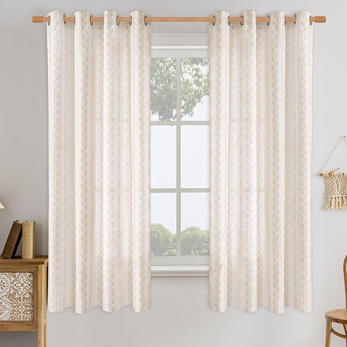 BGment Boho Curtains Leaf Floral Print Cottage Core Botanical Curtains for Bedroom Light Filtering Curtain 63 Inch Long for Farmhouse Rustic, Each 52 Inch Wide, 2 Panels Set, Sand