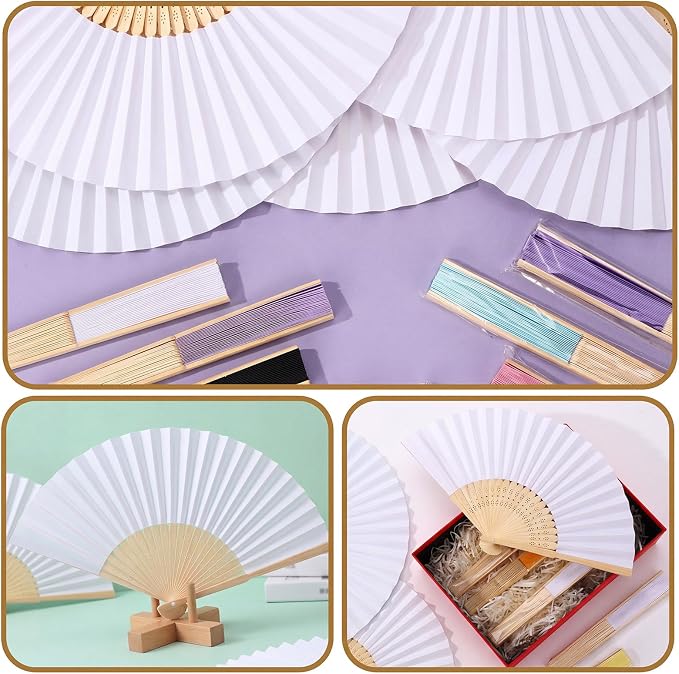 Qunclay 300 Pcs Paper Hand Fans Bulk Bamboo Folding Handheld Wedding Fans for Bridal Dancing Party Favors Church Home Decoration Gift DIY Supplies Stage Props in OPP Individual Package (Pure White)