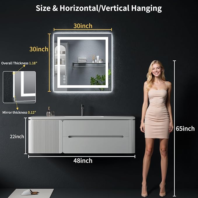 30"x30" LED Bathroom Mirror with Lights, Backlit + Front Lit with CRI>90, Lighted Mirror for Bathroom, Anti-Fog, Dimmable Brightness, 3 Colors, Memory Function, Shatterproof Tempered Glass