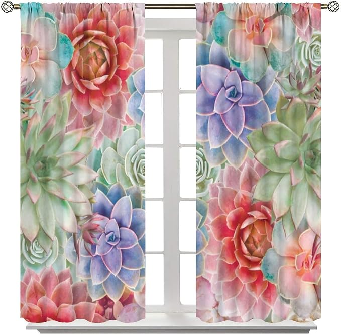 Boho Cactus Floral Curtain Tropical Colorful Succulent Plants Beautiful Flower Retro for Home Kitchen Livingroom Coffee Room Curtains Drapes 2 Panels 55x63in