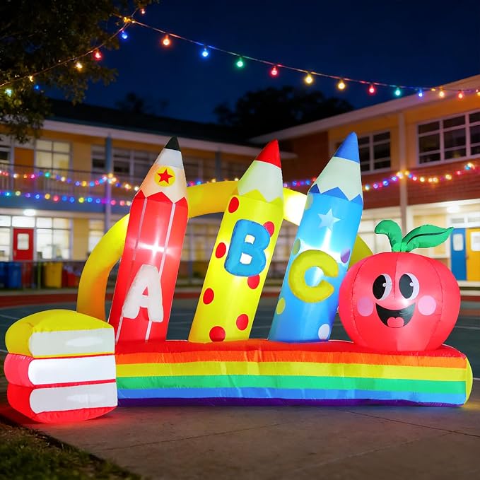 DomKom 8FT Kindergarten Graduation Decorations Crayon Yard,Back to School Inflatable Decoration Red Apple & Book LED Lights Backdrop for 2026 Graduate School Party Decor,Holiday Party Garden Lawn