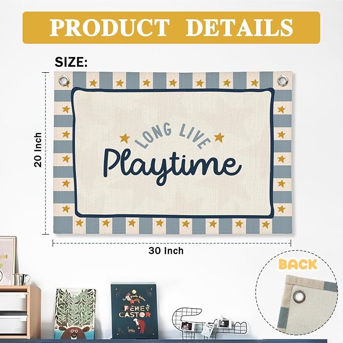 Playroom Wall Decor,Long Live Playtime Linen Canvas Banner,Navy Blue Toddler Playroom Decor Kids Room Nursery with Star Pattern Wall Decor for Toddler Boys Toy Room Bedroom,30x20 Inch