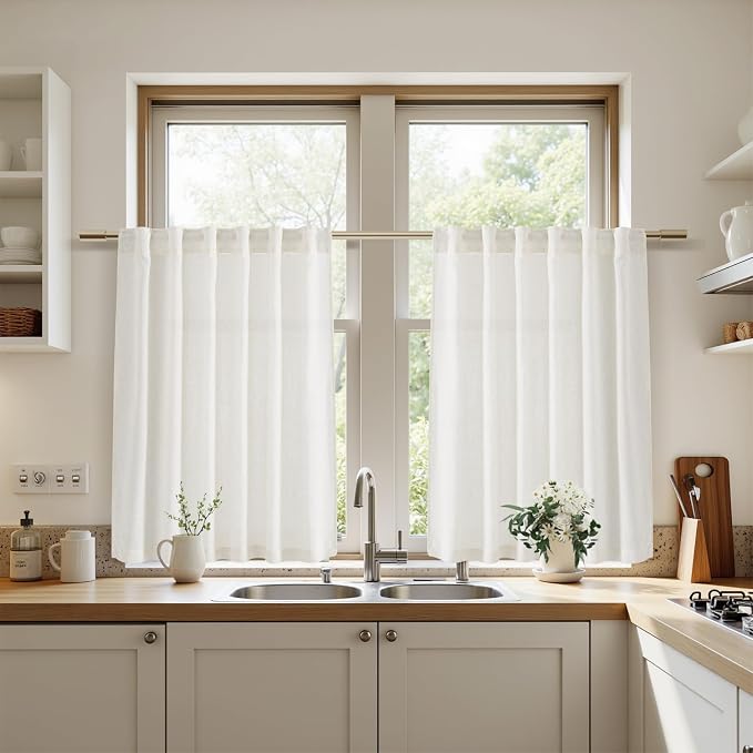 Nanspring Beige White Kitchen Curtains 36 Inch Length,Linen Blend Small Cafe Curtain Light Filtering Short Window Curtains for Bathroom Basement Back Tab and Rod Pocket,40 x 36 Inch 2 Panels