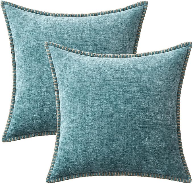 MIULEE Pack of 2 Summer Throw Pillow Covers 18x18 Inch Coastal Aqua Blue Farmhouse Decorative Pillow Covers with Stitched Edge Soft Chenille Solid Dyed Pillow Covers for Couch Sofa Bed Living Room