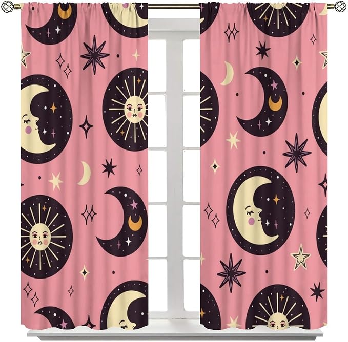 Sun Moon Stars Blackout Curtains, Abstract Magical Art Pattern Printed Window Drapes, for Bedroom Living Room 84" W X 84" L