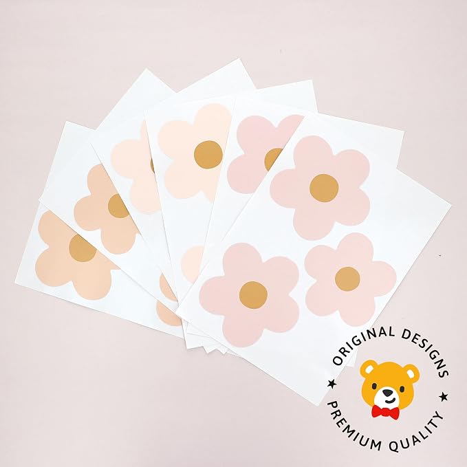 Teddylabels - Daisy Blush Pink Boho Flowers Decals - Easy-to-Apply & Removable Wall Stickers: Transform Your Toddlers Bedroom with Durable, Vibrant Peel-and-Stick Wall Decor β Stickers for Kids