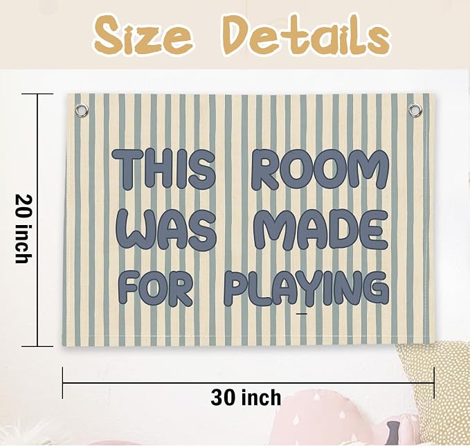 RTXLEZM Kids Playroom Decor, This Room Was Made for Playing Canvas Banner Wall Hanging, Retro Boho Blue and Cream Striped Wall Art Prints for Toddler Boys Room Bedroom Playroom Decor, 20x30 Inch
