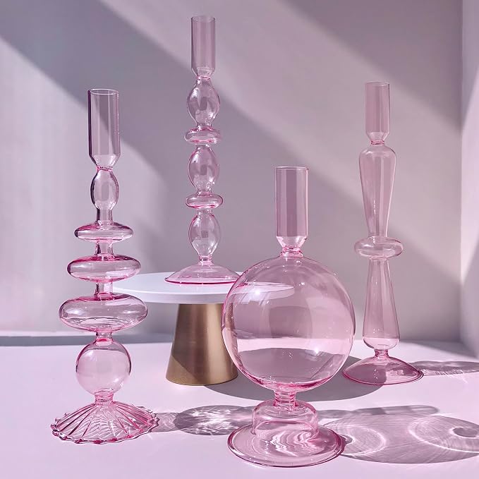 Candle Stick Candle Holder, Glass Candle Holders for Table Centerpiece, Modern Style Pink Candle Holder Mixed 4pcs