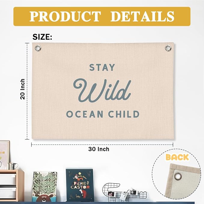 Ocean Nursery Decor, Stay Wild Ocean Child Wall Linen Canvas Banner, Coastal Beach Wall Decor for Kids Boys Girls Toddler Nursery Room Bedroom Playroom 30x20 Inch