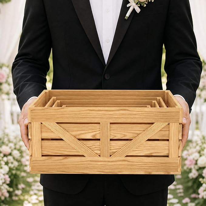 5 Pcs Wooden Crates for Display, Nesting Wood Crate for Storage, 5 Size | Farmhouse Weddings Wooden Basket for Storage Container and Decorations, Rustic Wood Crates for Farmers Market, Birthday, DIY
