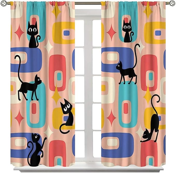 JESTRONRY Mid Century Style Curtains, Black Cat Modern Abstract Geometric 1950s 60s Vintage Colorful Blackout Rod Pocket Window Drapes for Living Room Bedroom Home Decor 55x63in